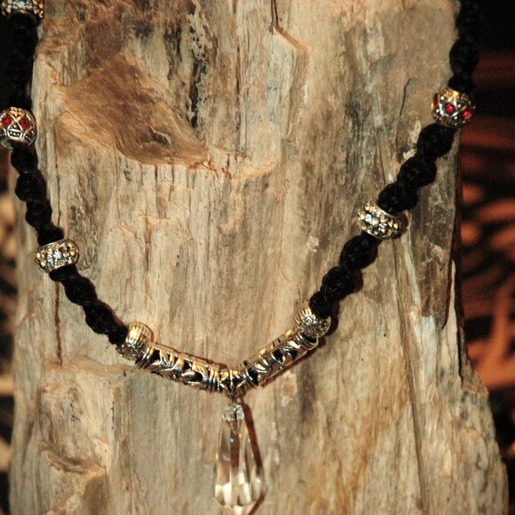 Clear Prism with Red & Clear Rhinestone Accents on Handmade Black Hemp Chain - Picture 4 of 5